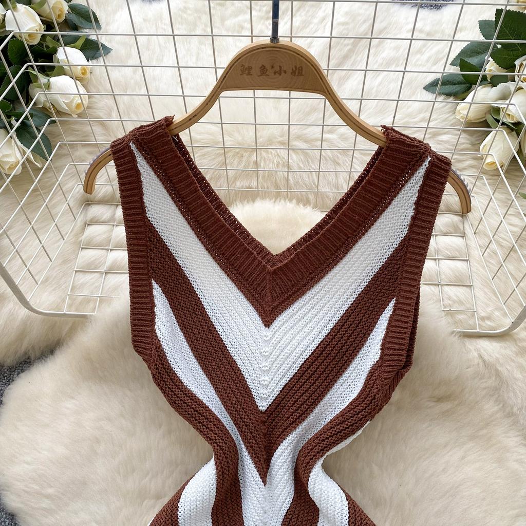 Summer Women Casual V-neck Sleeveless Knitted Tassel Striped Sweater Slim Bodycon Mini Short Sheath Dresses