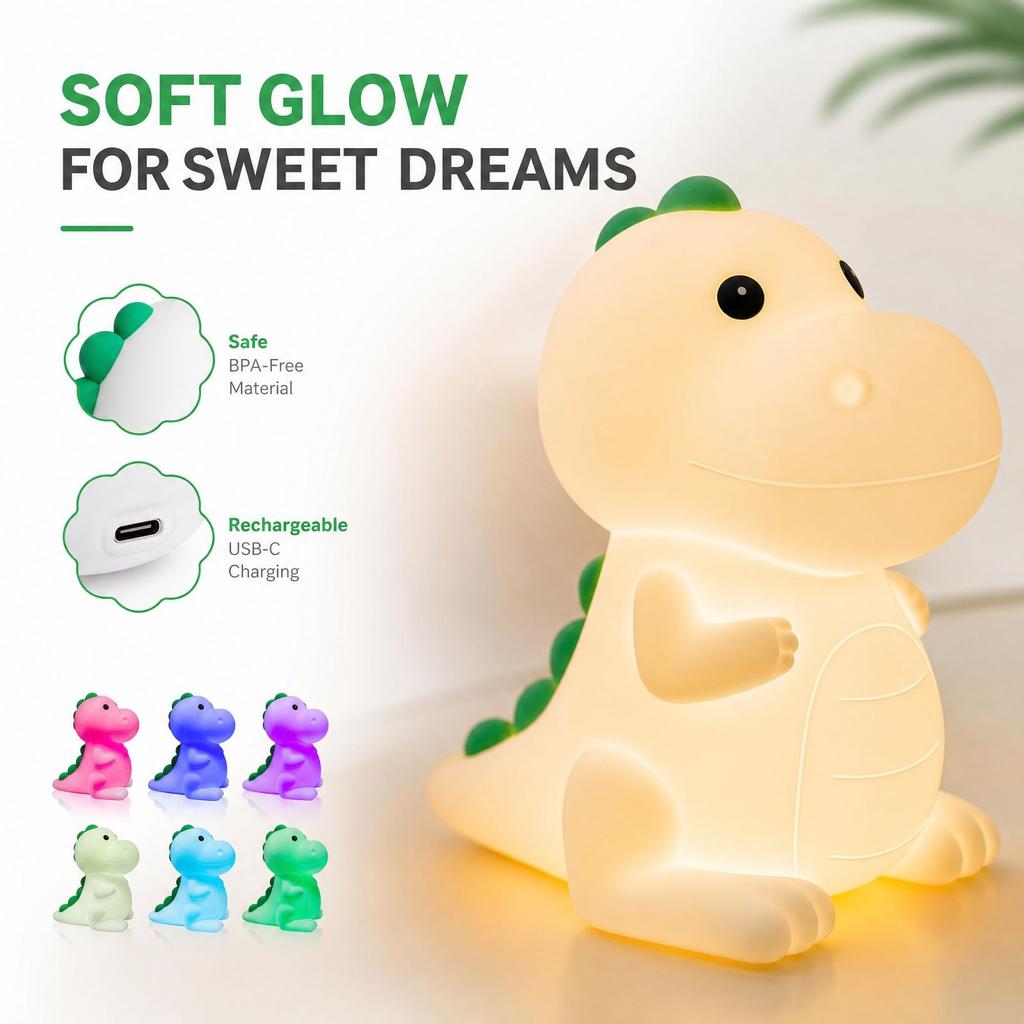 Dinosaur Night Light for Kids, Rechargeable Silicone Tap Lamp with Dimmable Color Changing Ambient, Cute Gift