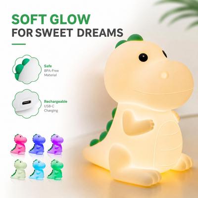 Dinosaur Night Light for Kids, Rechargeable Silicone Tap Lamp with Dimmable Color Changing Ambient, Cute Gift