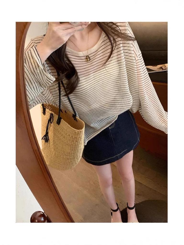 Relaxed Lightweight Summer Striped Knitwear: Women's Long Sleeve Loose Sun Protection Pullover Top