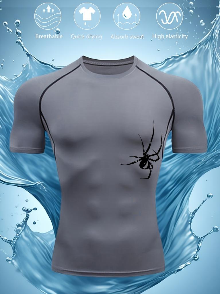 Mens Black Compression Short Sleeve T-Shirt Spider Graphic High Elasticity Breathable Gym Workout And MMA Athletic Top