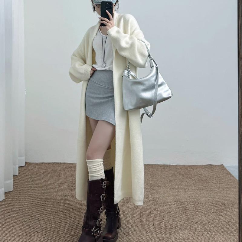 

Lazy wind medium and long knitted cardigan women s loose and thickened autumn and winter new gentle wind soft waxy sweater jacket One size