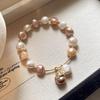Barockperlen-Katzenarmband für Damen, Rosa & Champagner Süßwasserperlen-Charmsarmband, Französischer Retro Süßer Kätzchen Schmuck Geschenk