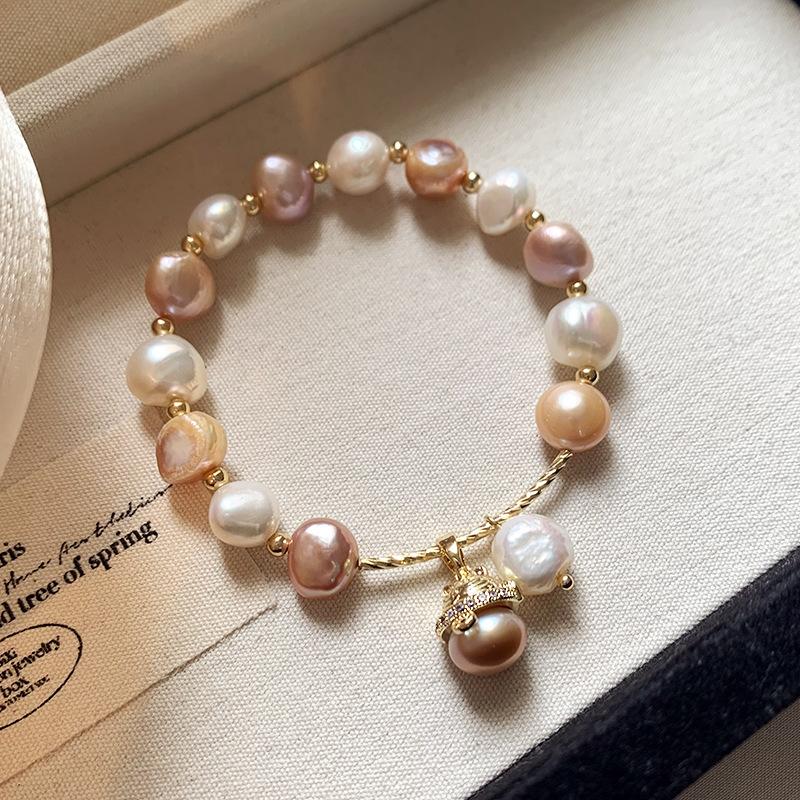 Barockperlen-Katzenarmband für Damen, Rosa & Champagner Süßwasserperlen-Charmsarmband, Französischer Retro Süßer Kätzchen Schmuck Geschenk