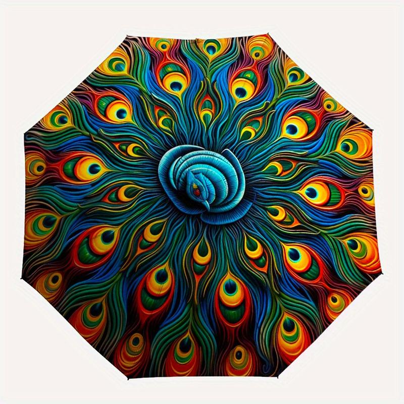 Colorful Peacock Feather Mandala Wall Art Print Umbrella, Cute Umbrella with Cute Design, Portable 3-Fold Compact Umbrella for Men & Women, Valentine'