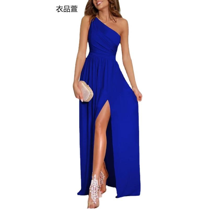 

New product, sexy solid color single shoulder hollow neck high waist split super long dress women s clothing XXL синій