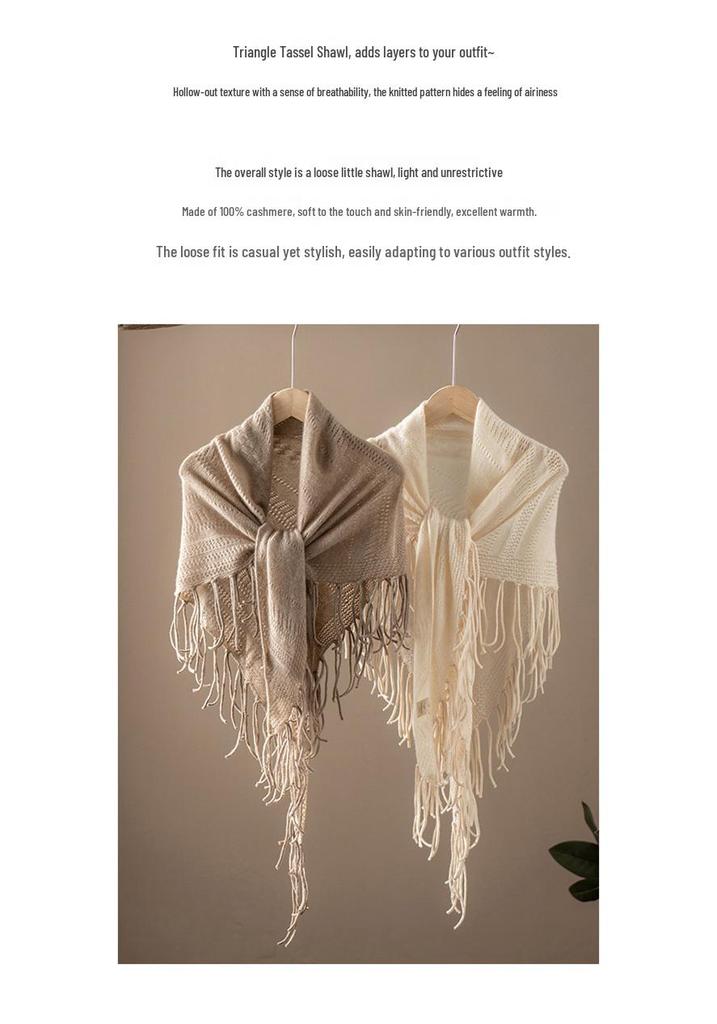 100% Cashmere Hollow Triangle Shawl Scarf - Stylish, Versatile, Warm with Tassels