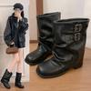 Pants, short boots, women's pleated middle heel, square head, European and American style knight, new stacked belt buckle imitation leather