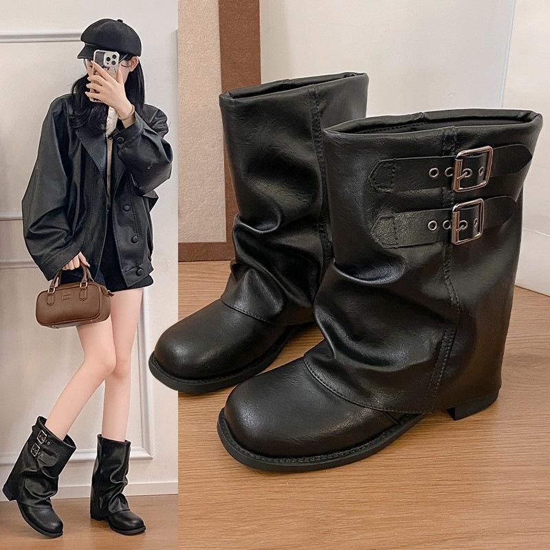 Pants, short boots, women's pleated middle heel, square head, European and American style knight, new stacked belt buckle imitation leather