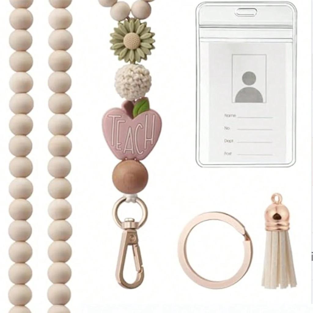 Silicone Bead Lanyard With ID Card Holder Keychain Teacher Gift Book Flower Charm