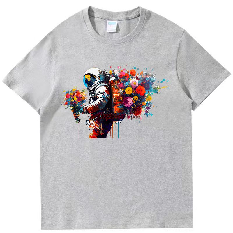 Astronaut Bouquet Flowers Burst Oil Painting Fashion Print T Shirt Summer Cotton Short Sleeve Tshirts Unisex Oneck T Shirt