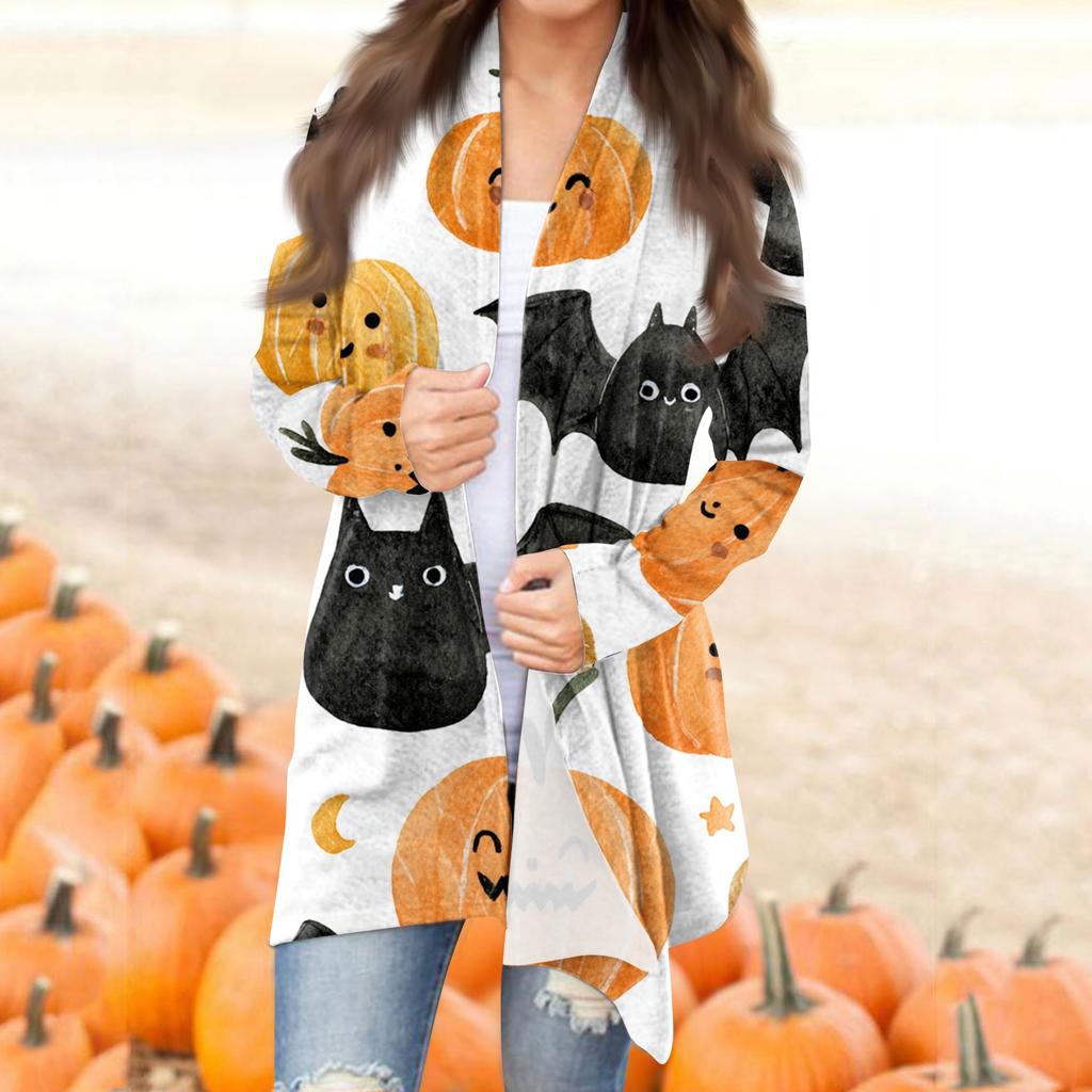 Women's Fashion Casual Halloween Printed Mid-Length Irregular Hem Cardigan Jacket