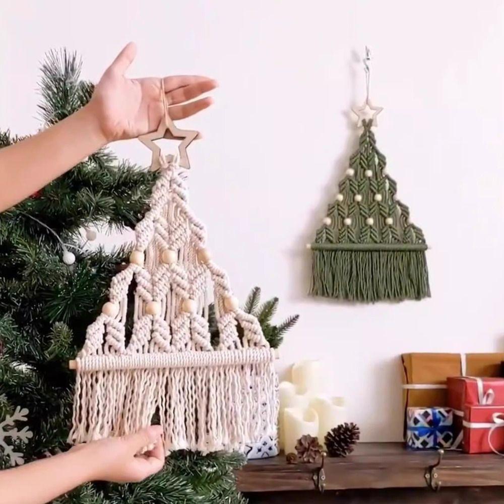 Woven Christmas Tree Macrame Tapestry Tassel Art Wall Hanging Pendant Aesthetic Decorative Cotton Rope Tapestry Dorm Room