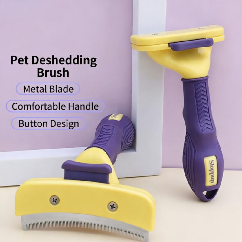 Curved Pet Deshedding Brush - One-Button Hair Removal Grooming Tool for Dogs & Cats