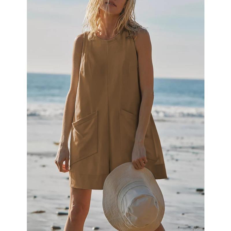 Casual Jumpsuit Summer Loose Sleeveless Pocket Body Shorts Women