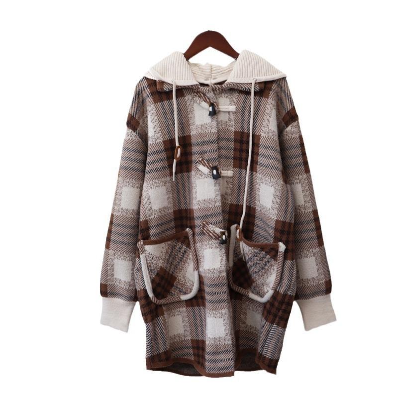 Autumn and Winter New Removable Hat Medium and Long Plaid Knitted Double-sided Cardigan Loose Sweater Jacket Women