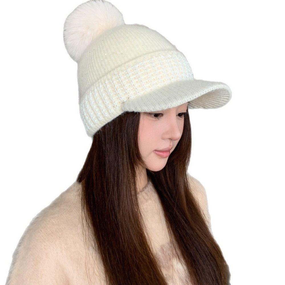 Windproof Winter Baseball Cap Pom Pom Design Brimmed Windproof Hat Knit Visor Beanie Casual Wear