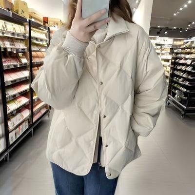 Women's Winter Lightweight Diamond Pattern Cotton Padded Jacket Korean Style Loose Outerwear Fleece-Lined Thickened