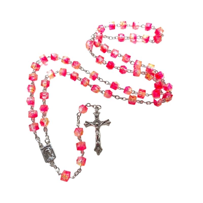 Statement Colorful Beads Necklace Jewelry Cross Rosary Necklace for Edgy Look