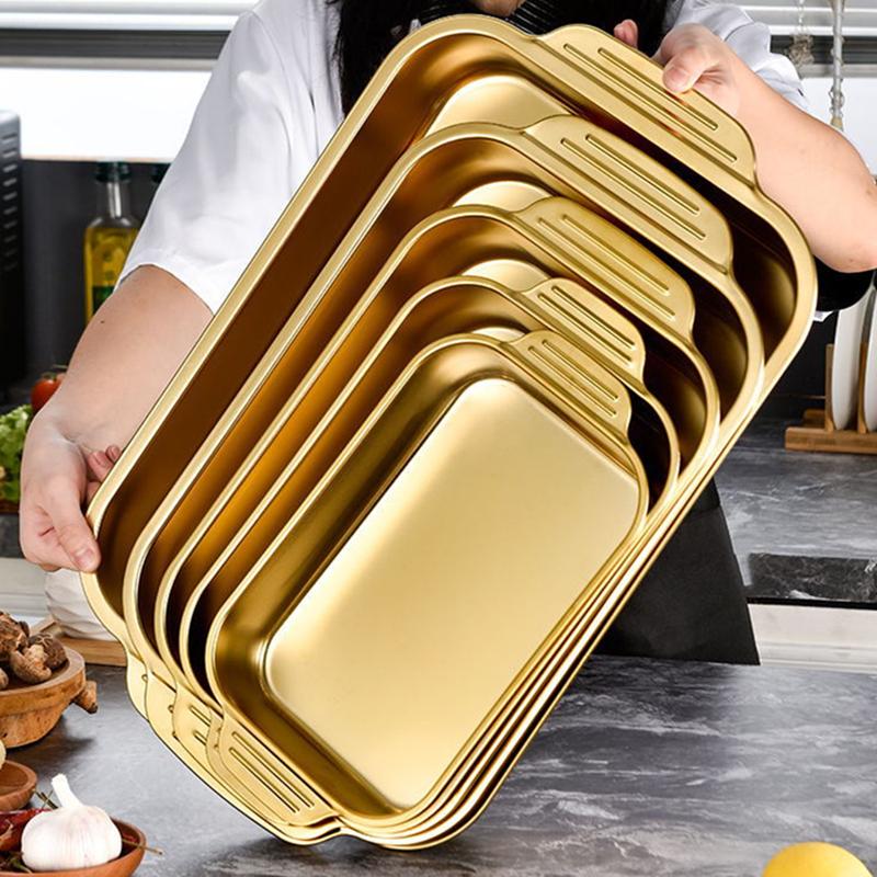 Rectangular Golden Stainless Steel Baking Tray Cake Bread Pans Seafood Plate Grilling Trays Kitchen Baking Tool