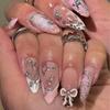 3D French Pink Rhinestone Bow Press-on Nails - Short, High-End, Light Luxury