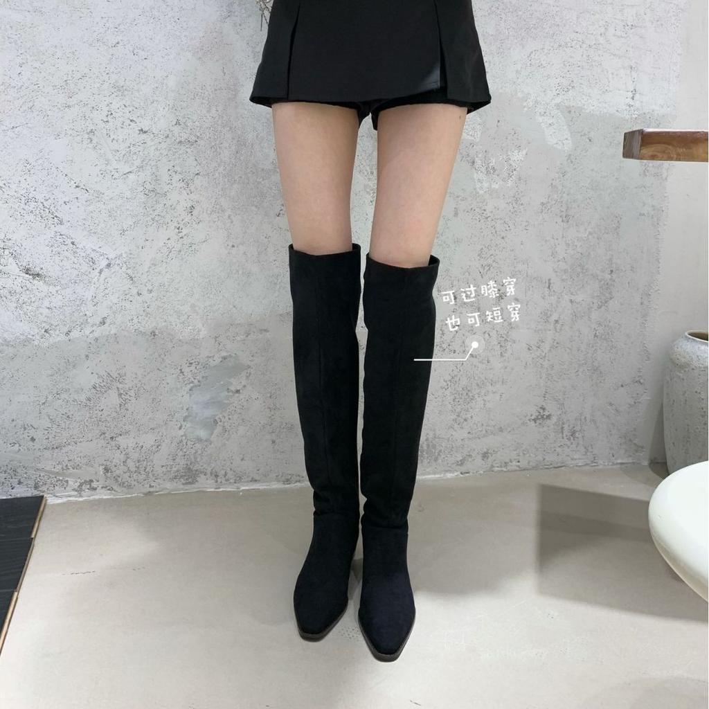 2025 New Autumn Fashion Suede Pointed Flat Bottom Thin Knight Women's Boots Two Knee Spice Girl Boots
