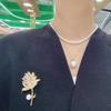 DIY Accessories Zircon Crystal Flower Brooch for Women - Gold-Plated Copper Pin with Dazzling Pearls and Atmospheric Design