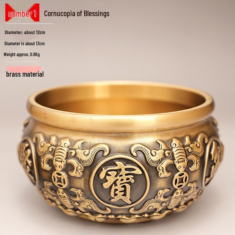 Brass Treasure Basin: Eight Blessings & Wealth-Attracting Rice Jar - Copper Ornament Gift