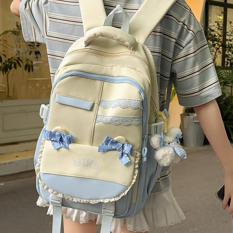 Unisex Nylon Bow Travel Backpack With Color Block Pattern And Compartment Laptop