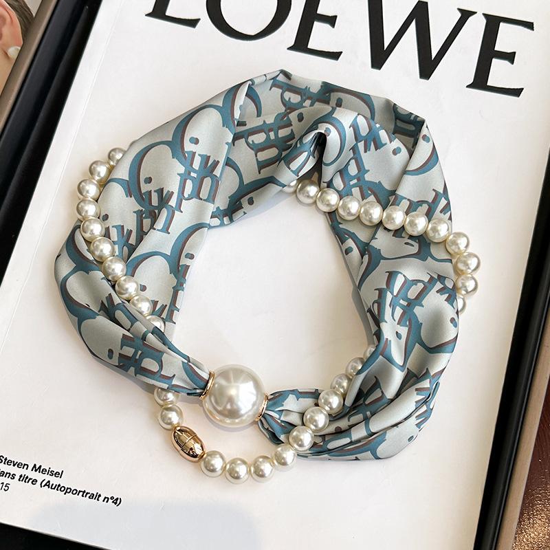 - Pearl Necklace, Long Silk Scarf, Women's Neck Warmer, Thin Scarf