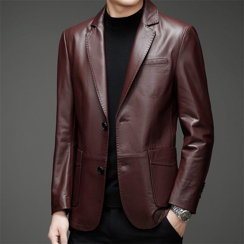 New winter clothing, men's down-lined leather suit, young and middle-aged fashionable casual warm jacket, cowhide daddy suit