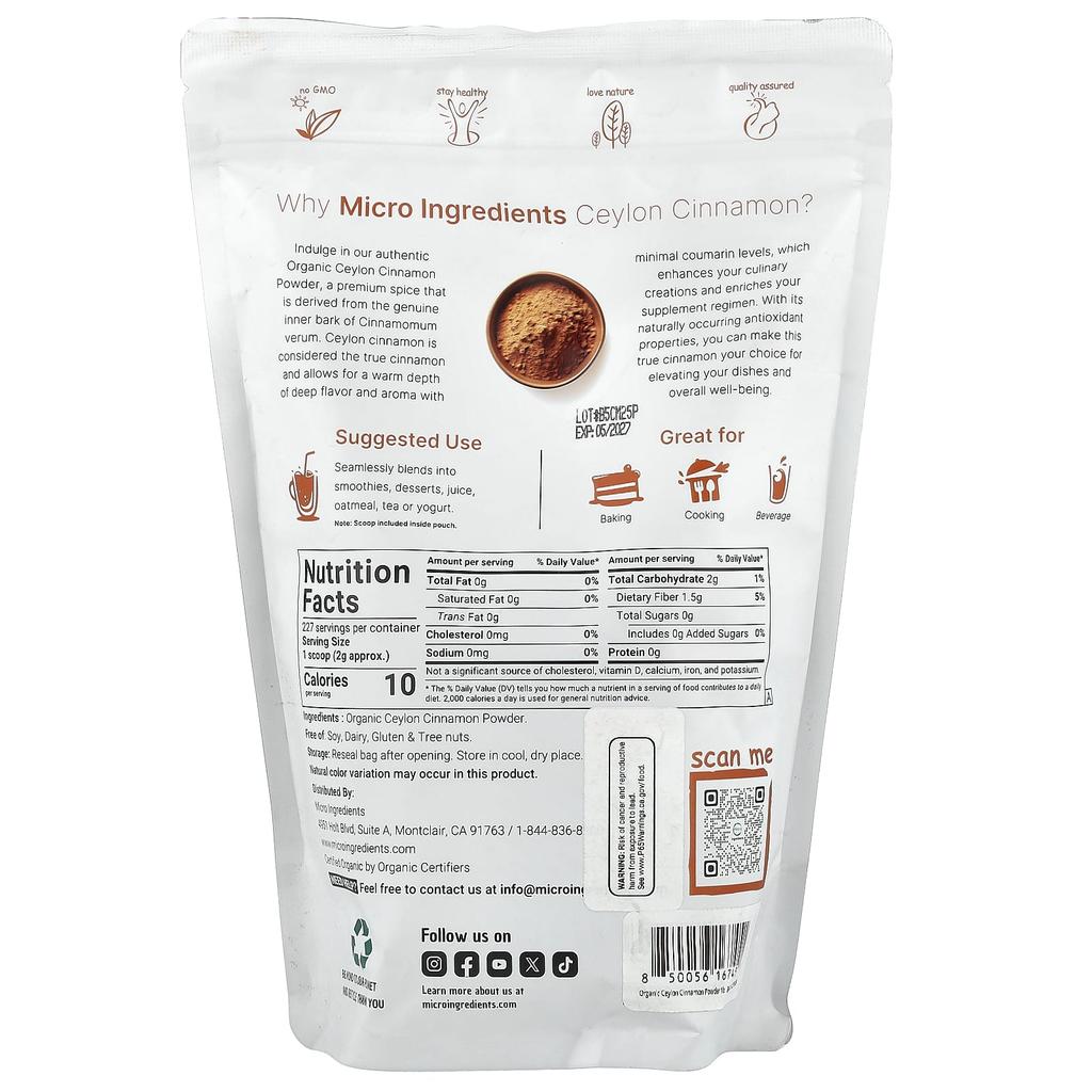 Micro Ingredients, Organic Ceylon Cinnamon Powder, 454g (1lb)