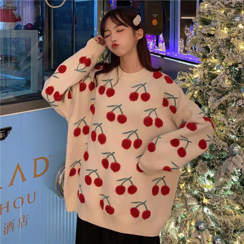 Autumn 2023 Girls' Sweet Red Cherry Sweater - Japanese Style, Loose Fit, Long Sleeve