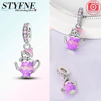 Charm Copper Cute Pinkish-Purple Cat Teapot Pendant Fits Charm Plata Genuine Bracelets Women Jewelry Crafting Gift