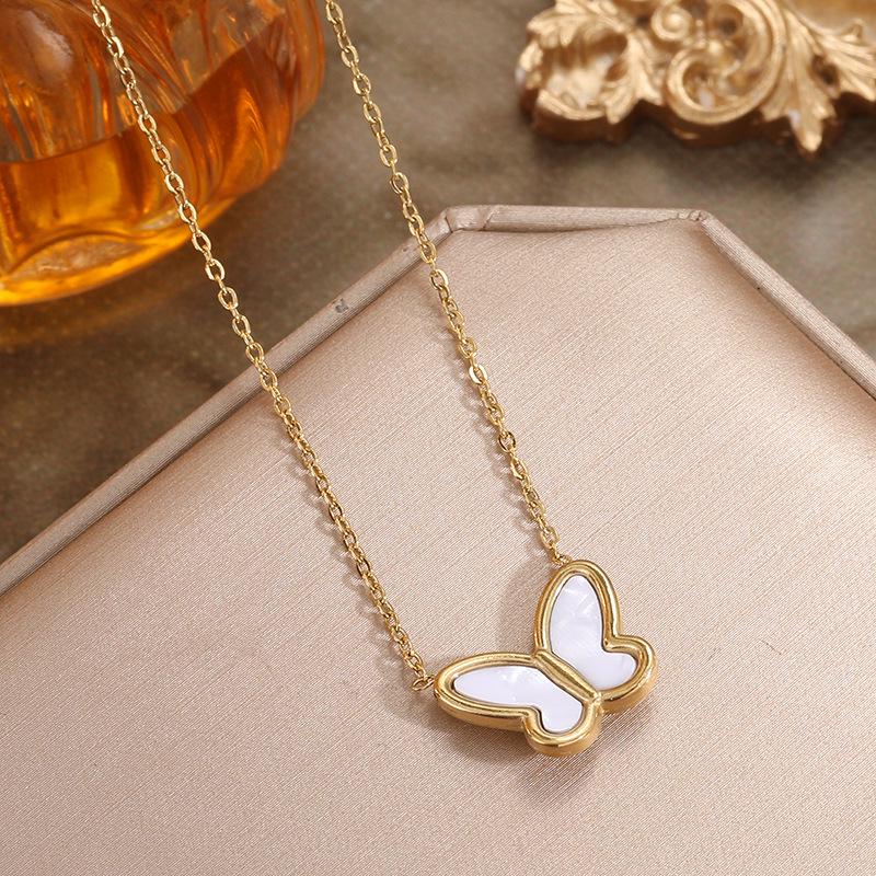 French Retro Butterfly Necklace - White Mother-of-Pearl, Titanium Steel, 18K Gold