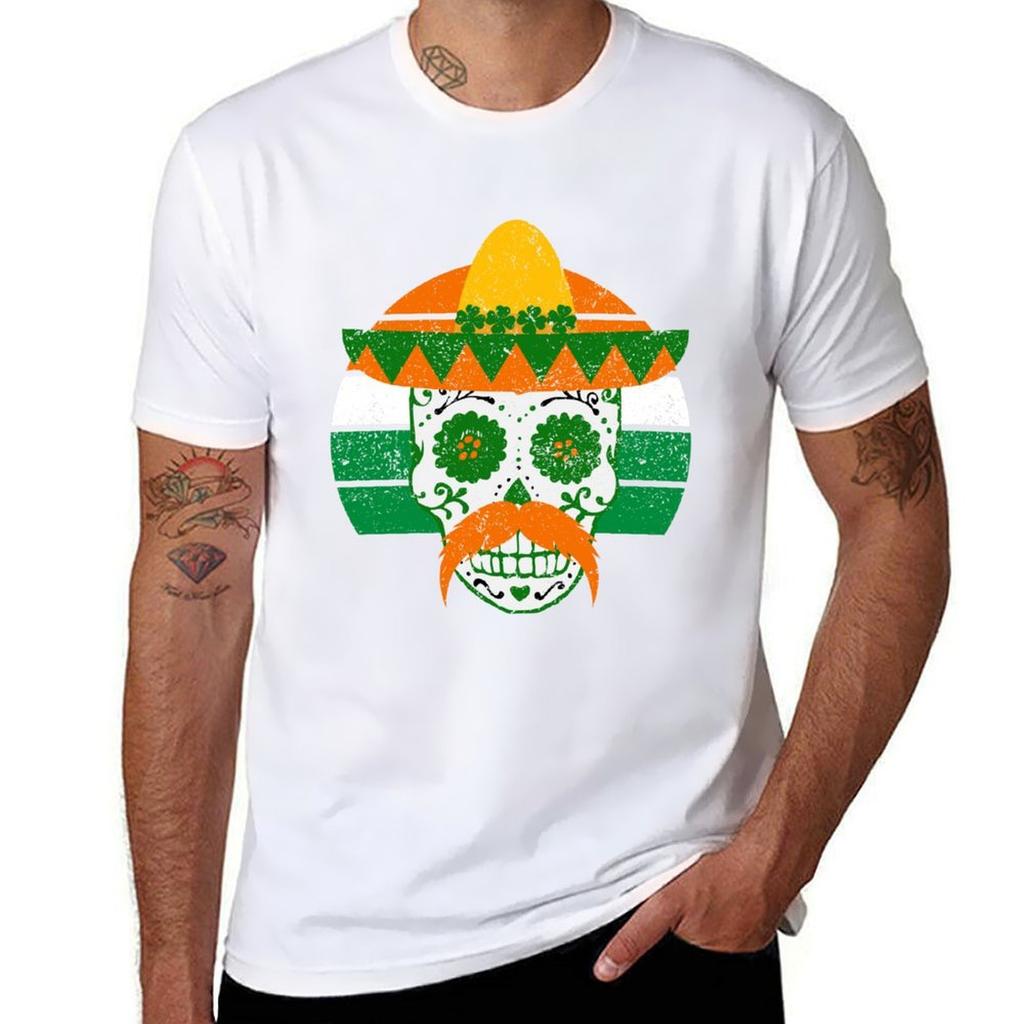 Sugar Skull St Patricks Day Irish Mexican Distressed Vintage Sunset TShirt man t shirt luxury cotton t shirts man 100 TShirt