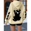 Scared Little Black Cat Minimalist Black and White Print Hoodie for Large Size Women's Sweatshirt Winter Clothes Women