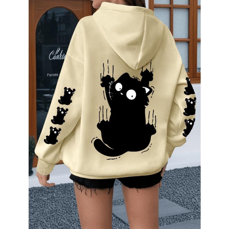 Scared Little Black Cat Minimalist Black and White Print Hoodie for Large Size Women's Sweatshirt Winter Clothes Women