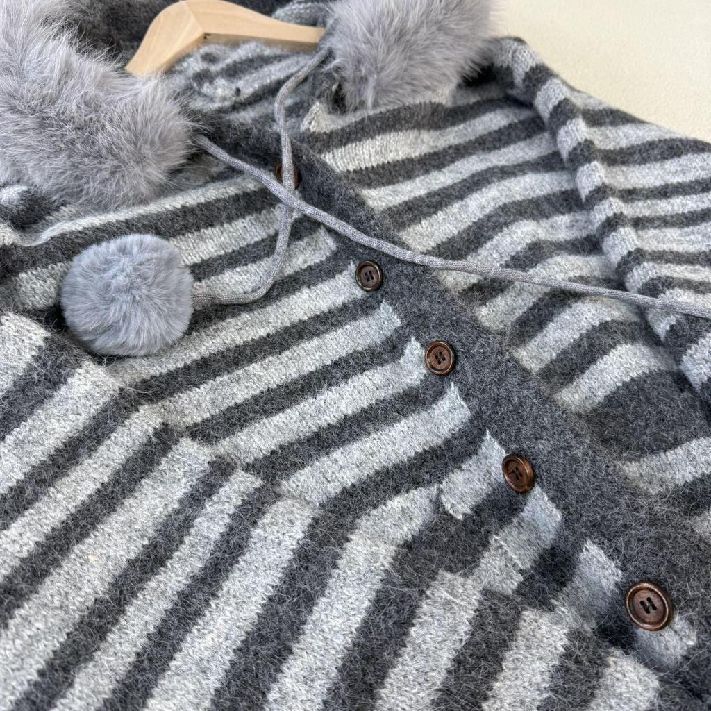 Available Now: Women's Mid-Length Striped Knit Cardigan with Hood and Large Fur Collar - Thickened for Autumn/Winter