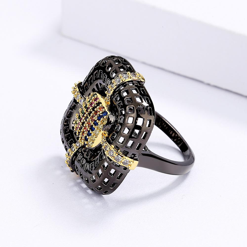 Hot Selling Black Gold Flower Ring Inlaid with Colorful Red Purple Zircon Fashionable Floral Cherry Blossom Ring Ring