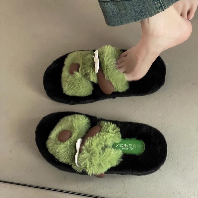 Fashion Versatile Cute Cartoon Soft Cotton Plush Slippers Women's 2025 Autumn and Winter New Outer Wear Fluffy Slippers