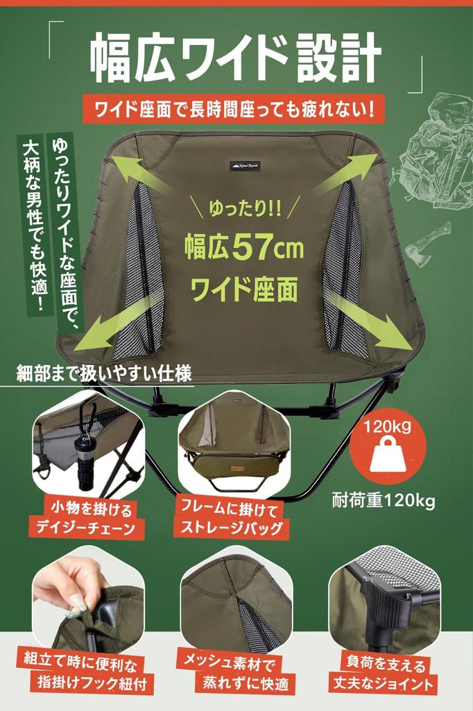 RiveRock Outdoor Low Chair, Ground Chair, Lightweight, Wide Seat, Cross-legged, [Passed Domestic Load-bearing Test] [Warranty Included] (Army Green)