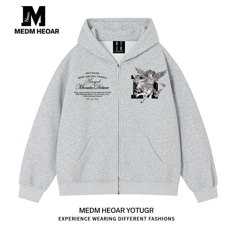 

[Three Labels Complete] Medm Heoar American Gray Hoodie Outerwear Women Spring and Autumn Loose Hood Zip-up Cardigan Light Gray [Regular Style] 2XL