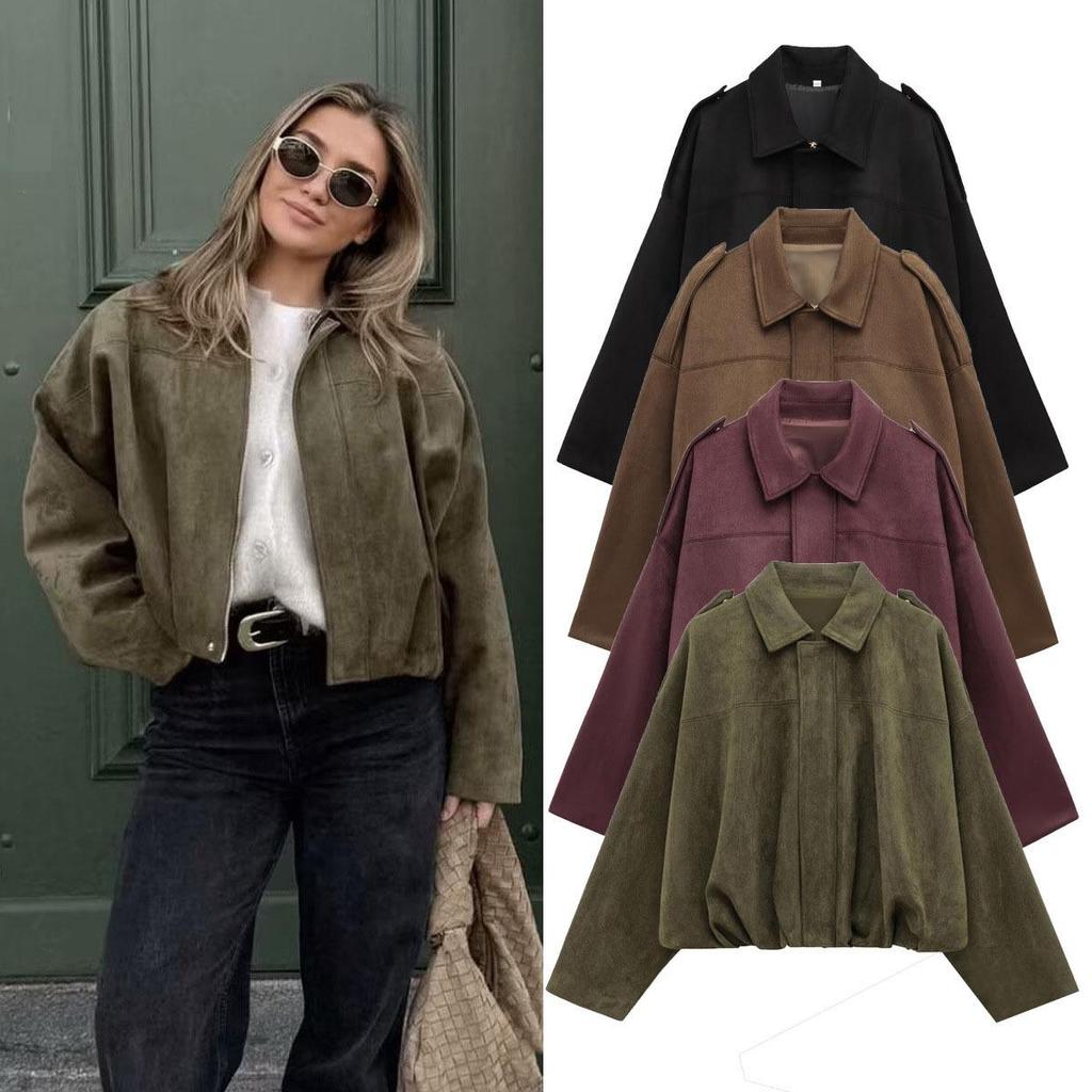 Women's Bomber Jacket Long Batwing Sleeve Zip Up Loose Fit Casual Outerwear