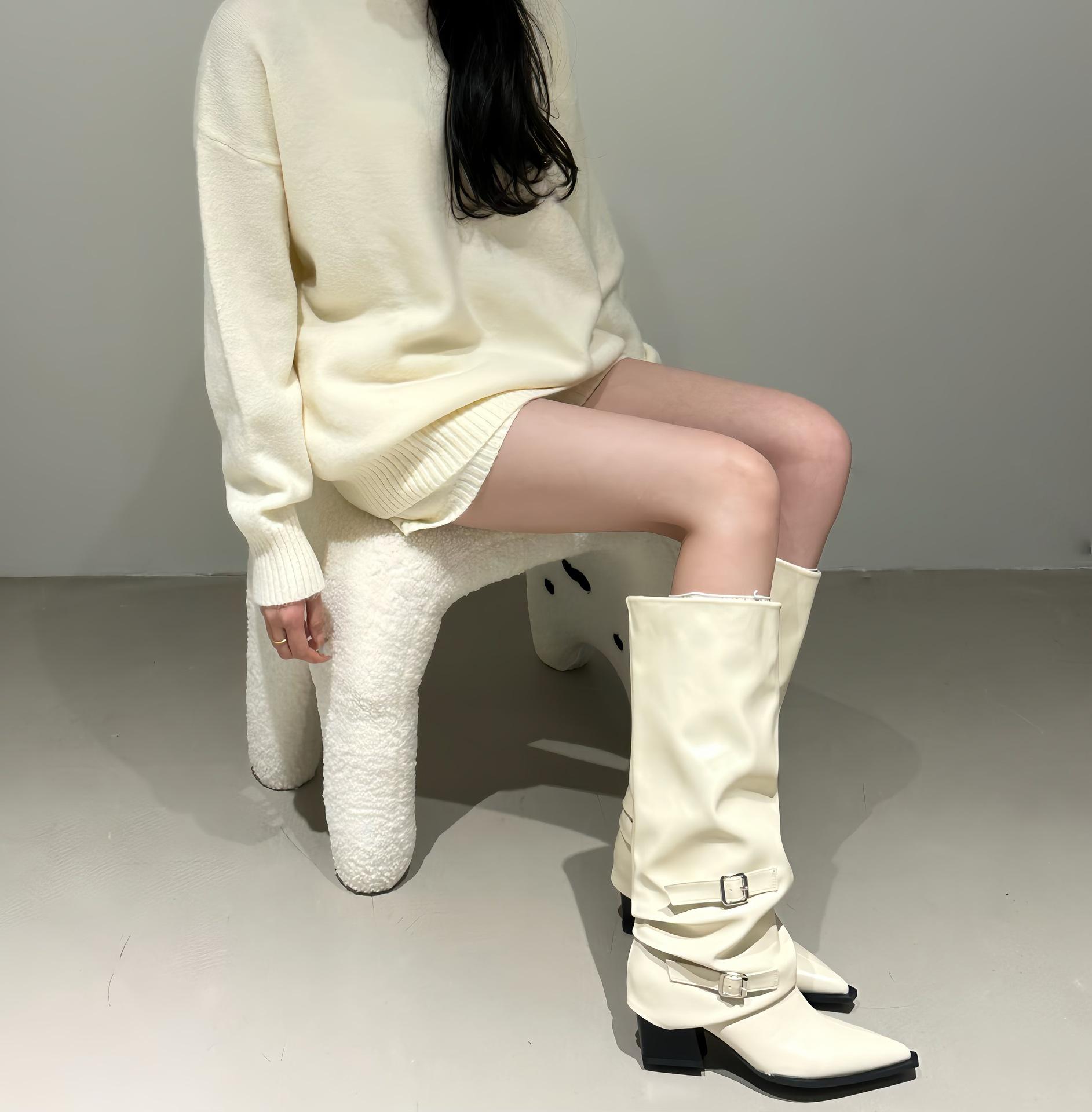 

Ретро ботильоны на толстом каблуке с острым носком, длинные сапоги, женские 2025 осень и зима, новые черные сапоги-чулки, длинные сапоги-рыцари 40