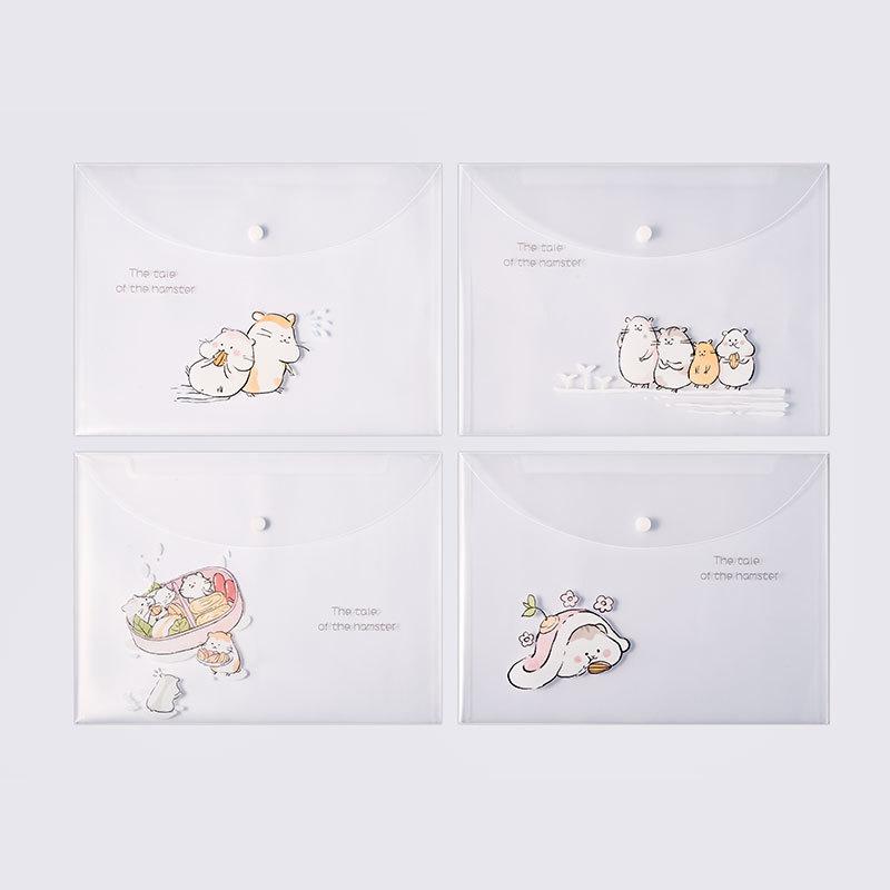 4pcs File Bags For Document Cute Cartoon File Holder Snap Button PVC Folder Pen Box Office Information Bag Student Stationery