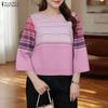 Blusa feminina casual gola redonda manga 3/4 listrada solta