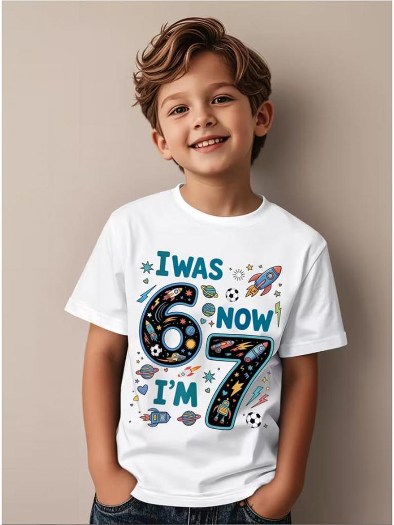 Europäische Größen 7 Jahre Alt Geburtstag T-Shirt Lustiges Zahlen Design Unisex Lässiges Oberteil für Jungen Geeignet für Alle Jahreszeiten Rundhalsausschnitt Normale Passform