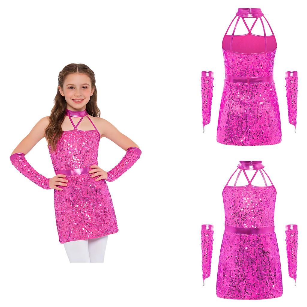 Kids Girls Jazz Dance Halter Dress Sleeveless Strappy Back Invisible Zipper Sparkling Sequins with 1 Pair Gloves for Stage Performance