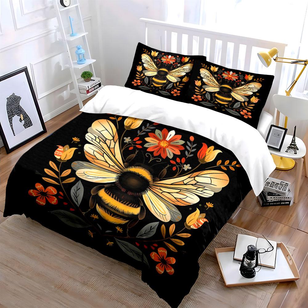 Golden Bee Floral Design Bedding Duvet Cover Set  (1*Duvet Cover 2*Pillowcases, Without Duvet Insert)
